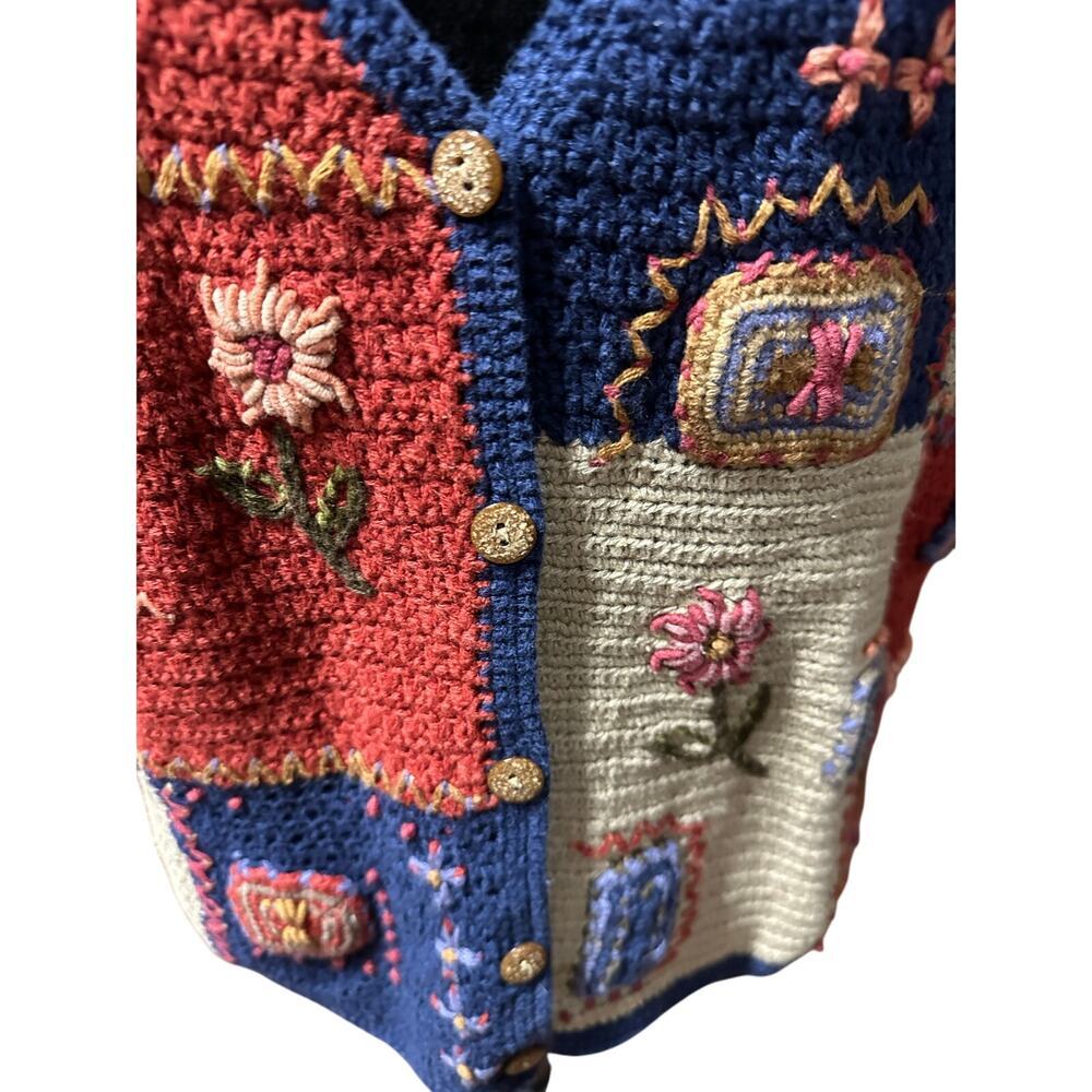 Boho Hand Knit Sweater Vest XL Cottagecore Floral Embroidered Knit Cardigan XL - Picture 11 of 14